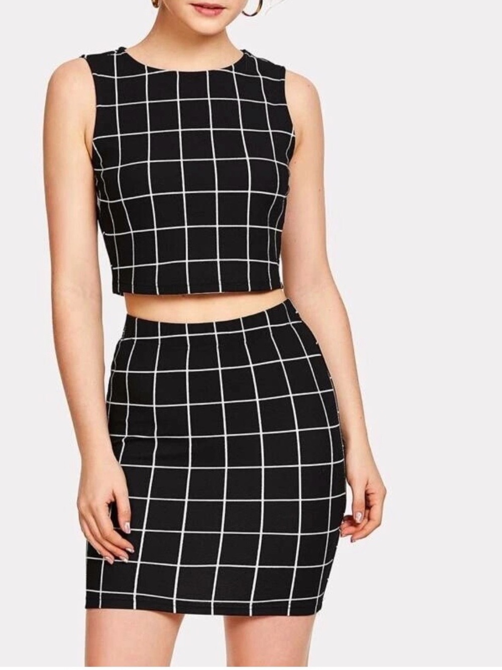 SHEIN 2sets Retro Boho Trendy Grid Crop Top and Pencil Skirt
